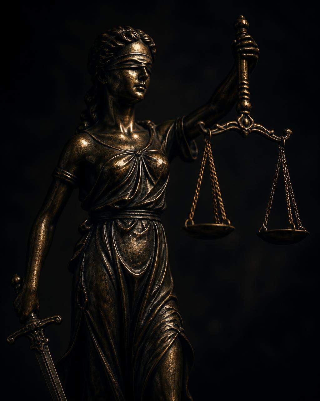 Bronze Lady Justice statue holding scales and a sword